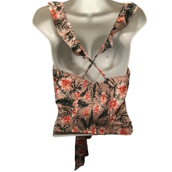 Express VTG Y2K Hawaiian Print Wrap Style Crop Top M Smock Back Floral Ruffles - Picture 4 of 7